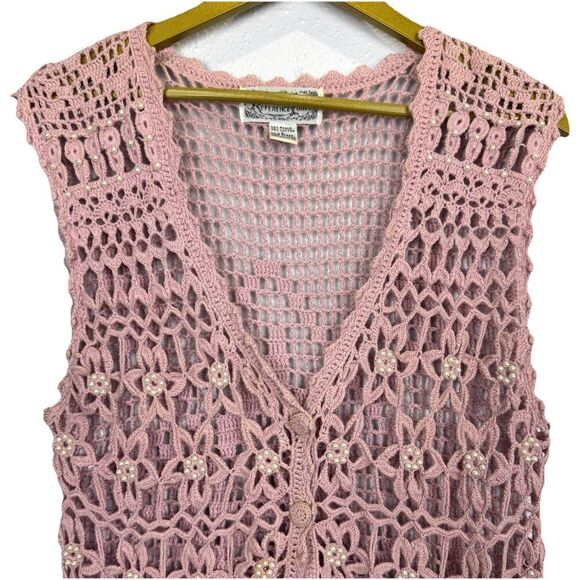 Vintage Y2K Womens Top L Pink Crochet Long Vest Boho Hippie Pearls Embellished - Picture 4 of 9